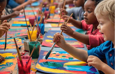 Children painting together at an ACES summer camp creative arts session